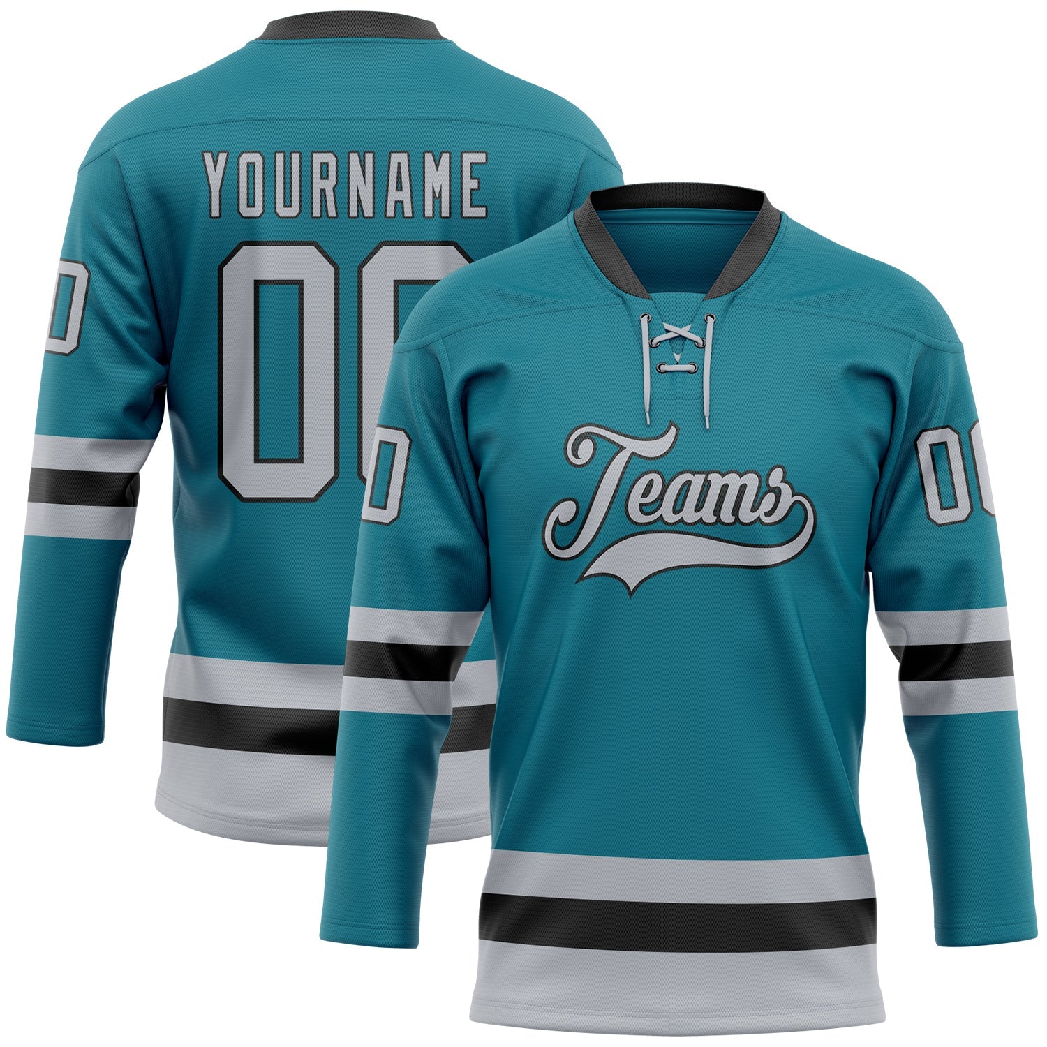Custom Teal Gray-Black Hockey Lace Neck Jersey - Main View