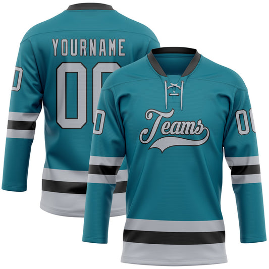 Custom Teal Gray-Black Hockey Lace Neck Jersey - Main View