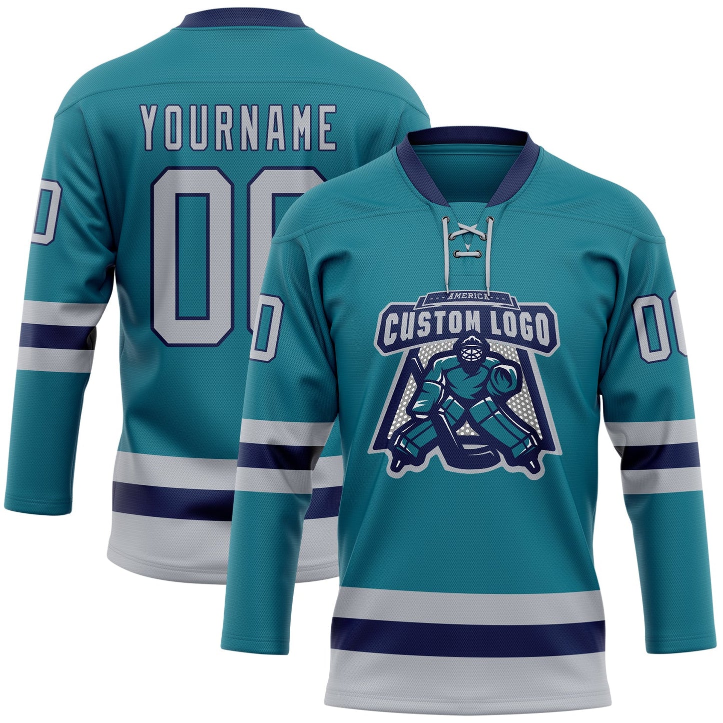 Custom Teal Gray-Navy Hockey Lace Neck Jersey view 2