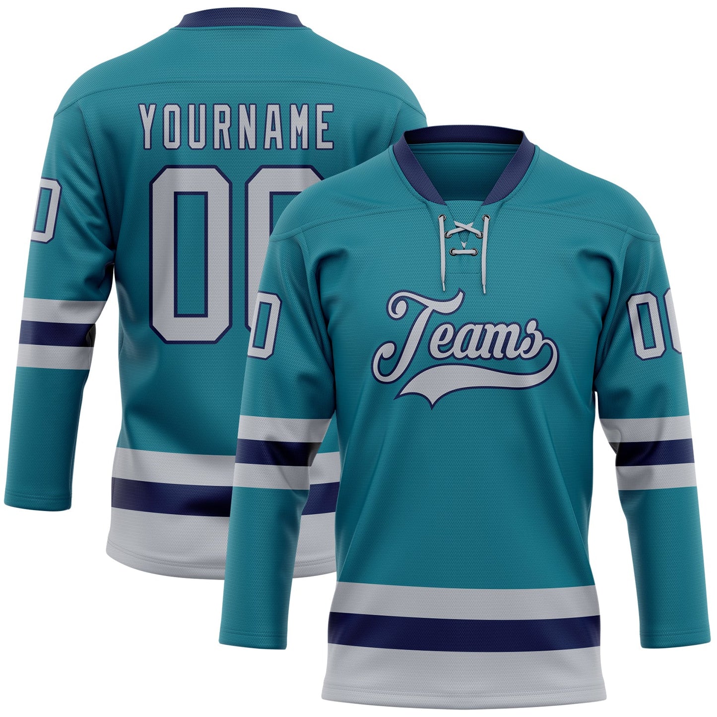 Custom Teal Gray-Navy Hockey Lace Neck Jersey - Main View