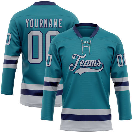 Custom Teal Gray-Navy Hockey Lace Neck Jersey - Main View