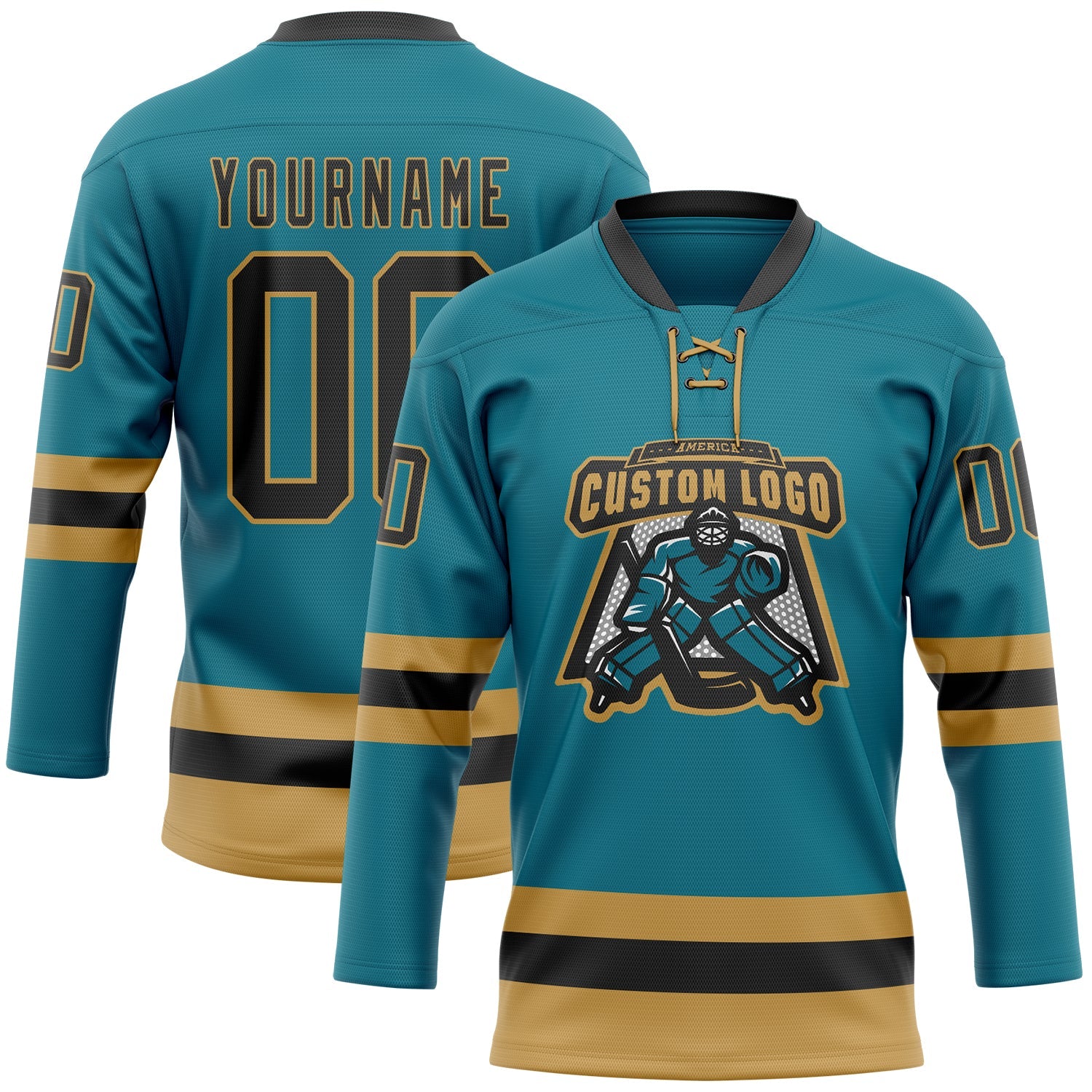 Custom Teal Black-Old Gold Hockey Lace Neck Jersey view 2