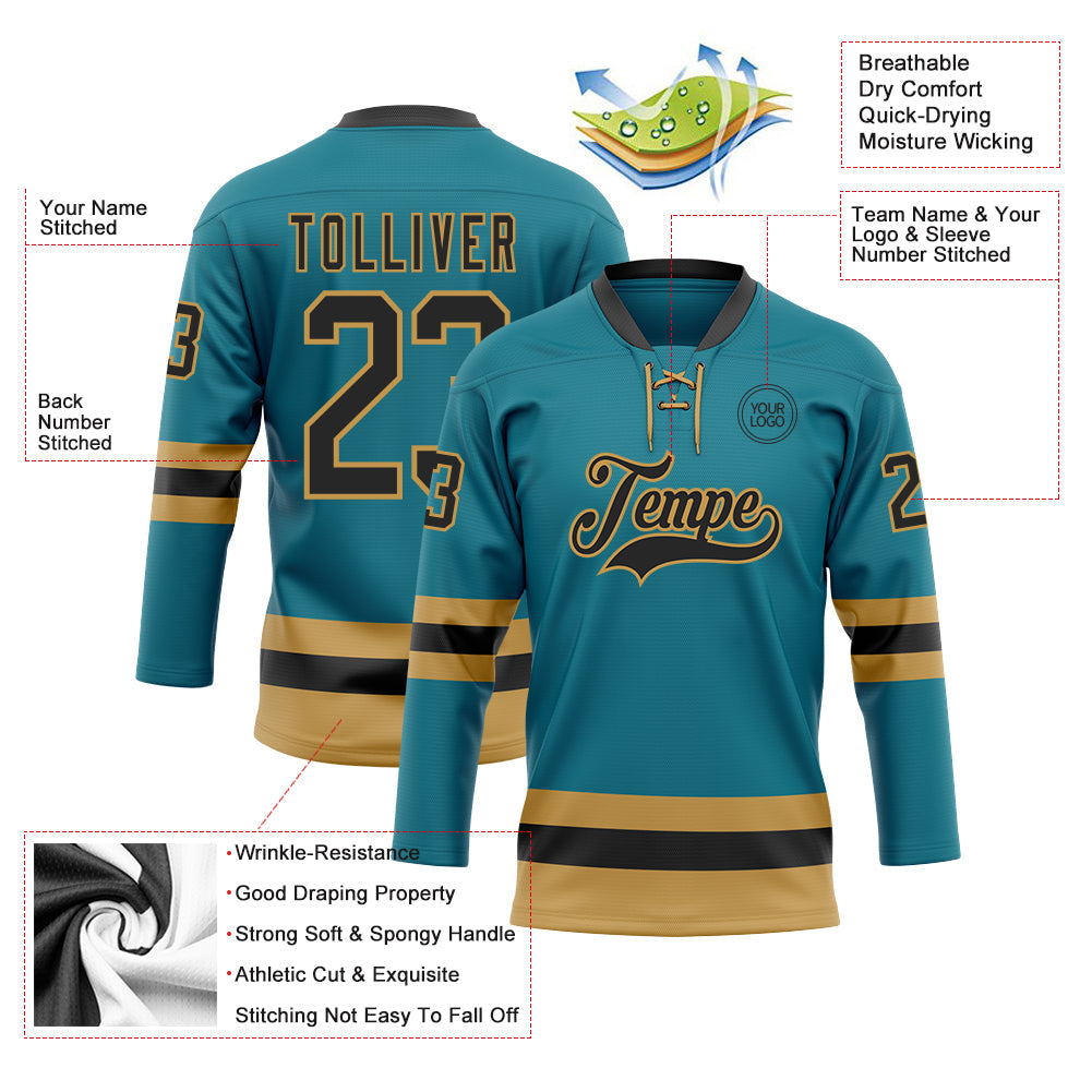 Custom Teal Black-Old Gold Hockey Lace Neck Jersey view 3