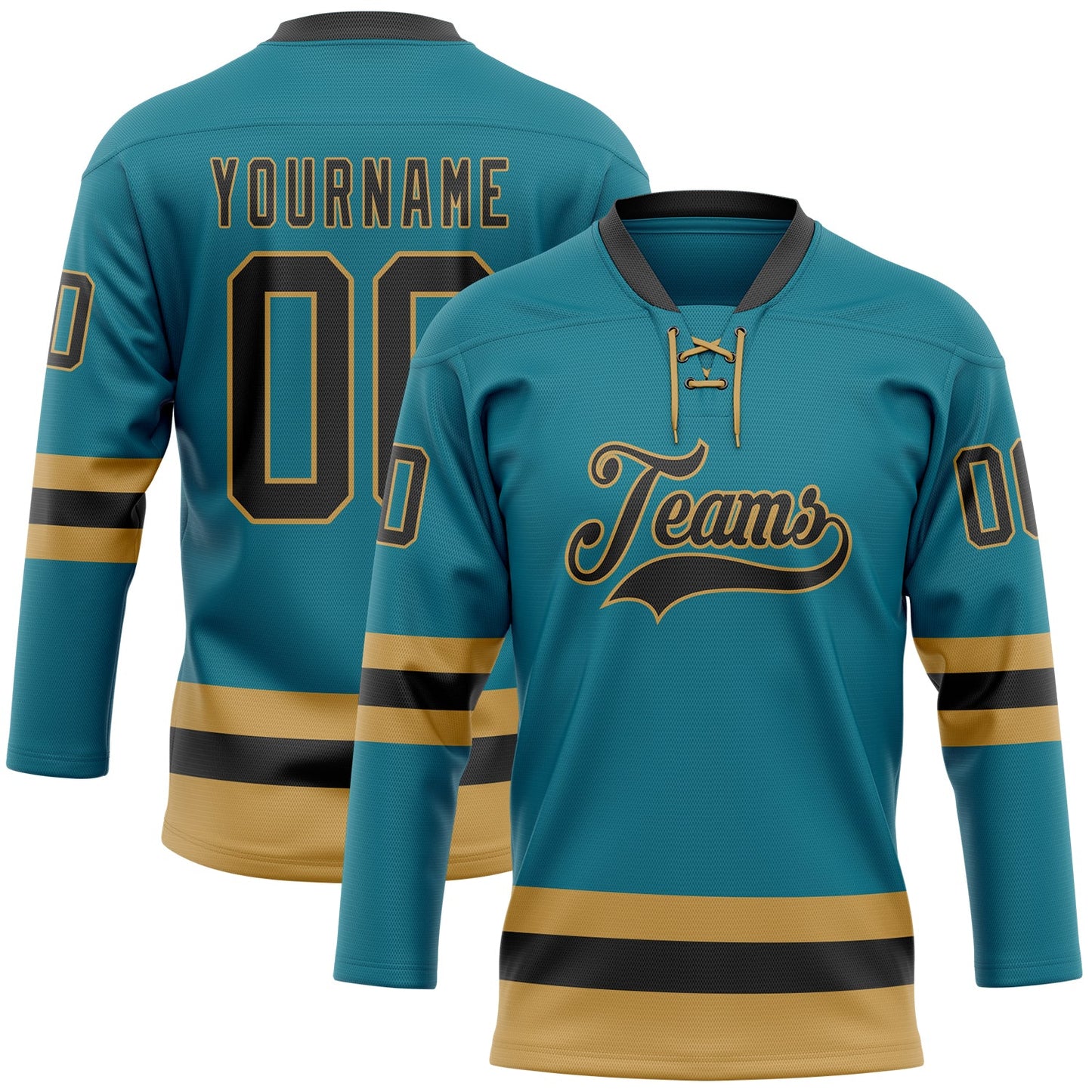 Custom Teal Black-Old Gold Hockey Lace Neck Jersey - Main View