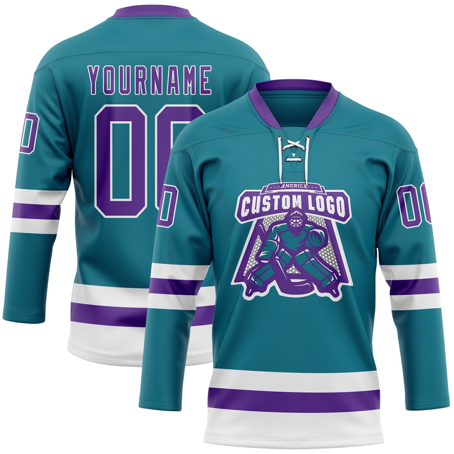 Custom Teal Purple-White Hockey Lace Neck Jersey view 2