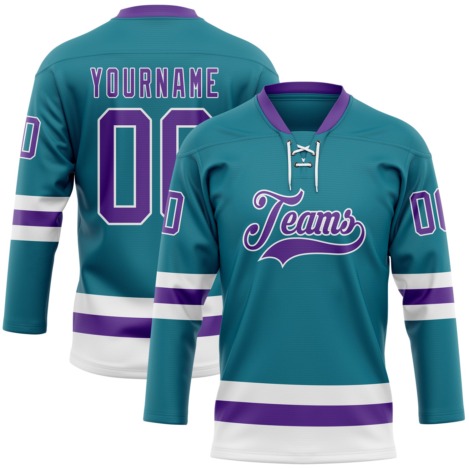 Custom Teal Purple-White Hockey Lace Neck Jersey - Main View