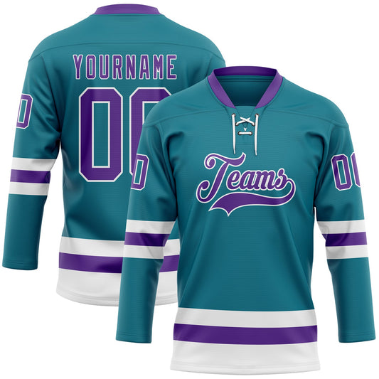 Custom Teal Purple-White Hockey Lace Neck Jersey - Main View
