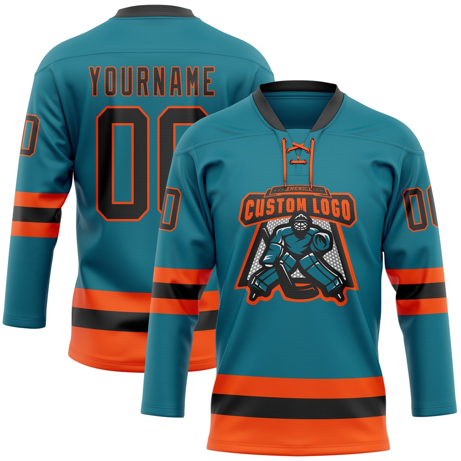 Custom Teal Black-Orange Hockey Lace Neck Jersey view 2