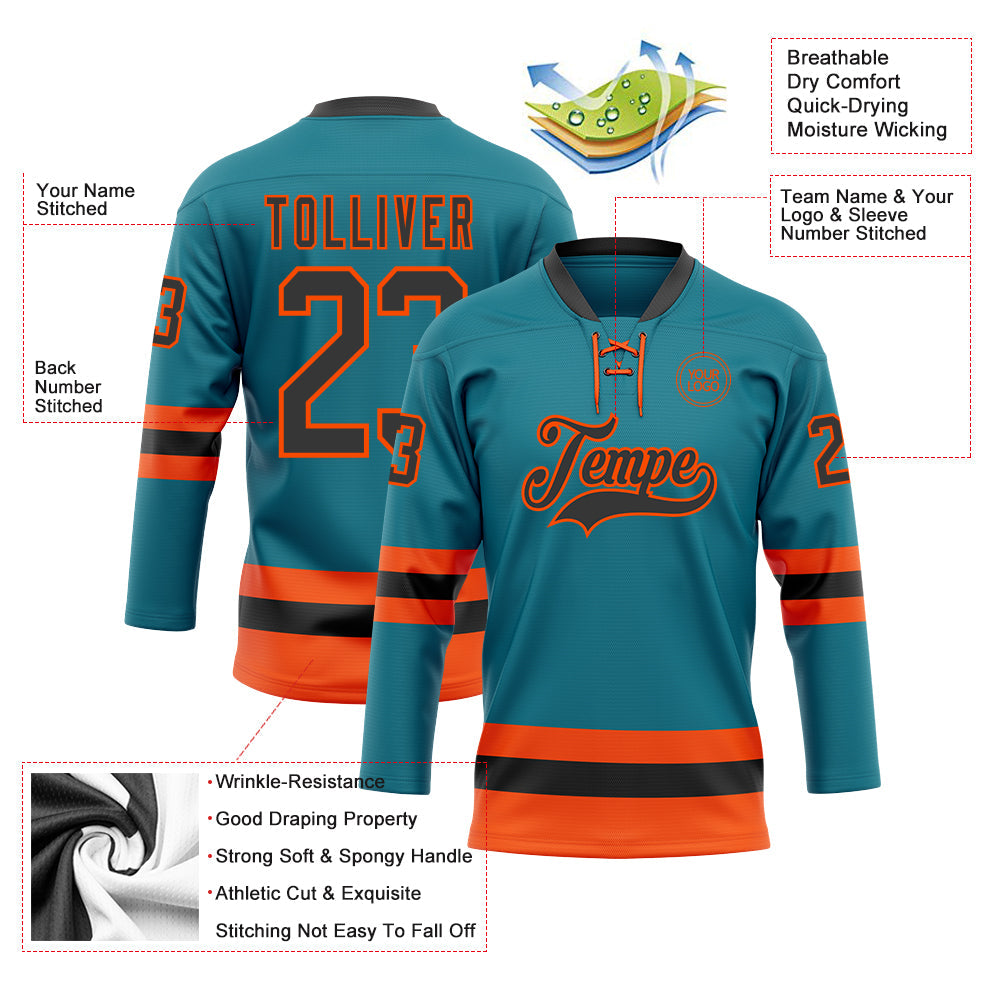 Custom Teal Black-Orange Hockey Lace Neck Jersey view 3