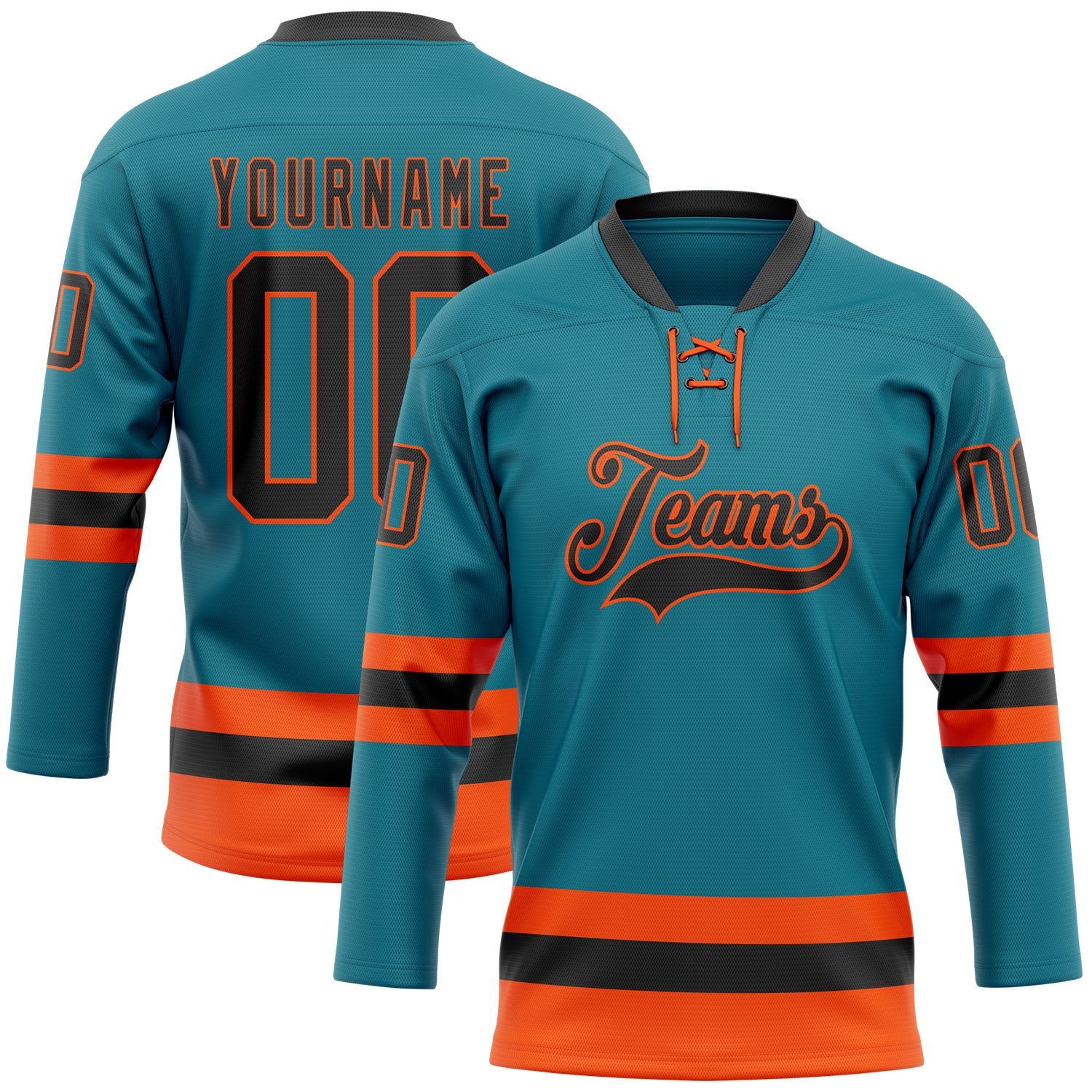 Custom Teal Black-Orange Hockey Lace Neck Jersey - Main View