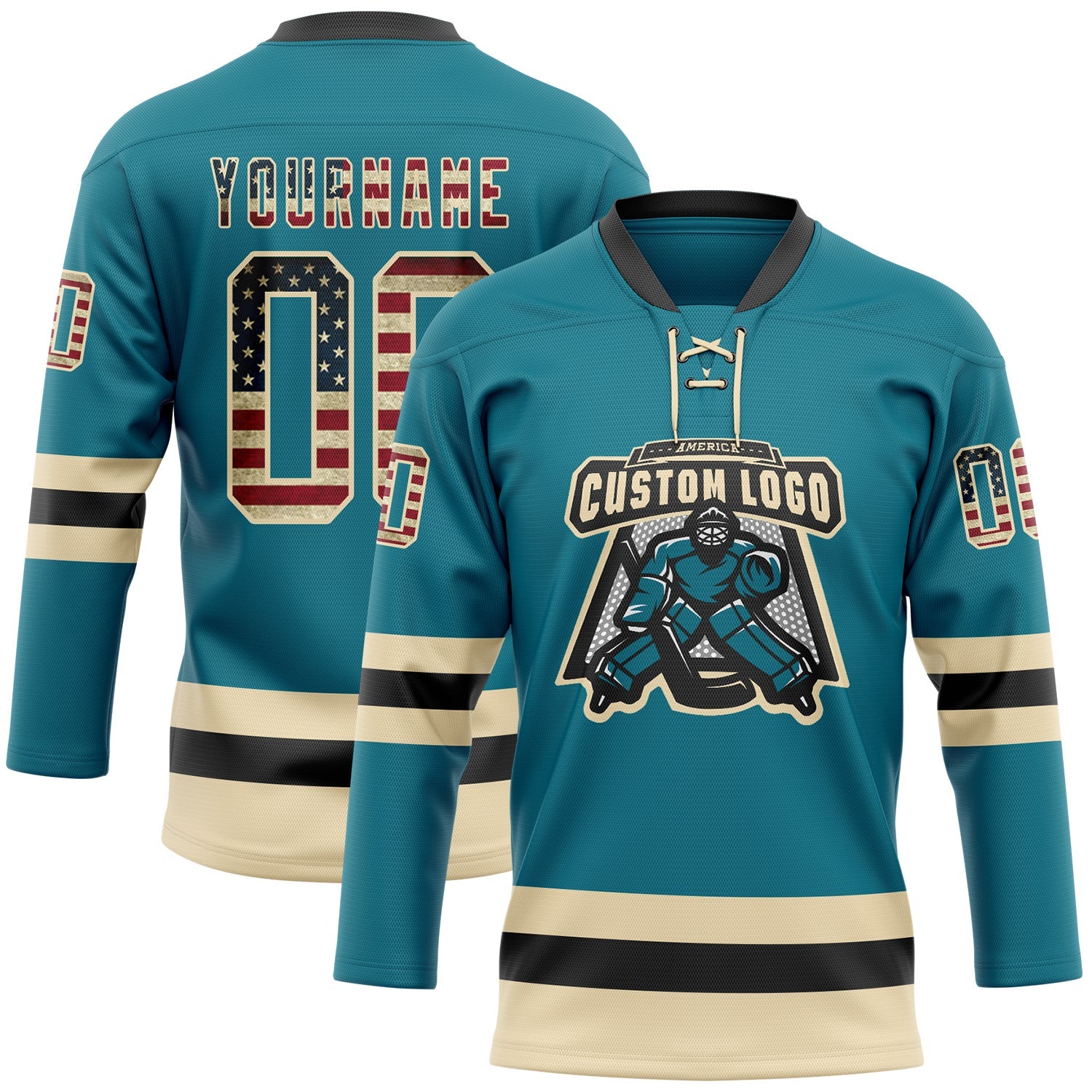 Custom Teal Vintage USA Flag Cream-Black Hockey Lace Neck Jersey view 2