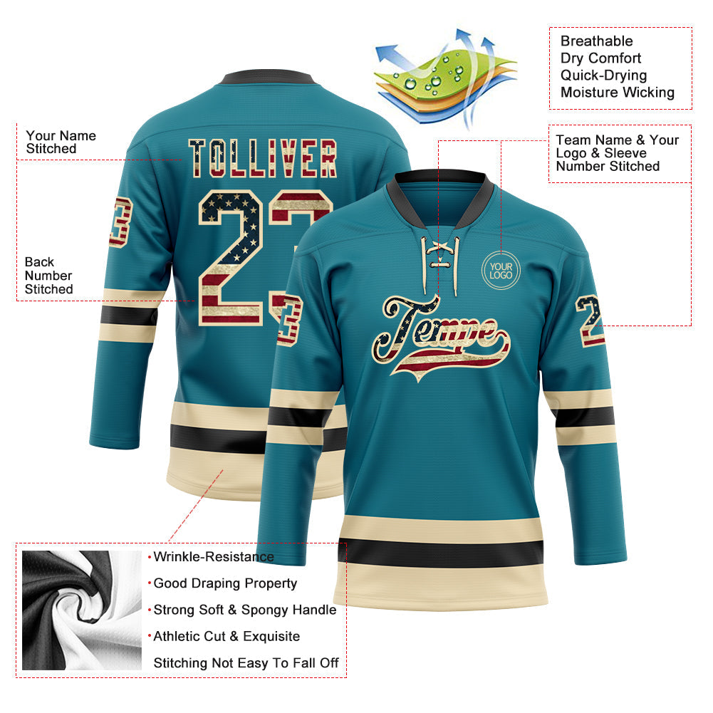 Custom Teal Vintage USA Flag Cream-Black Hockey Lace Neck Jersey view 3