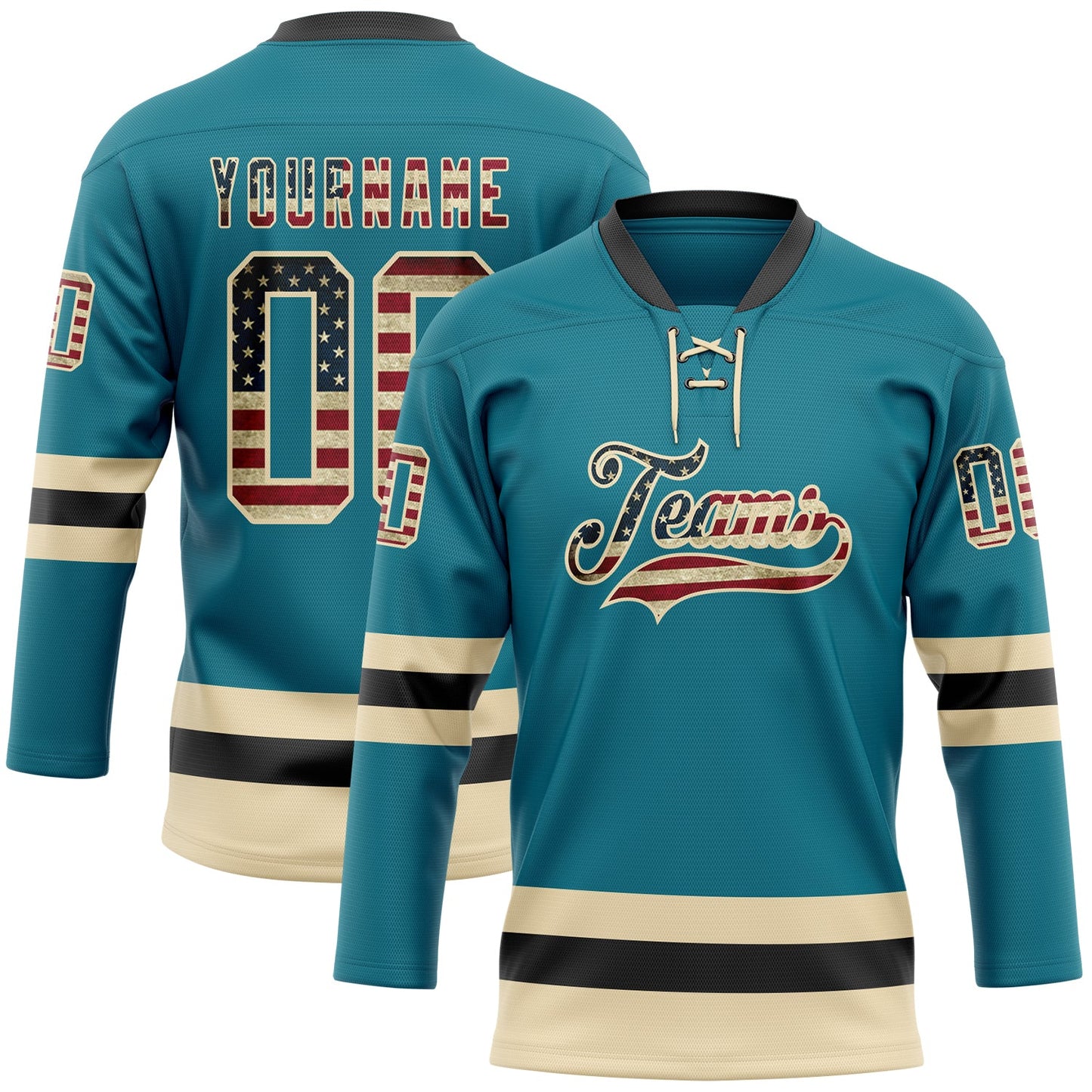 Custom Teal Vintage USA Flag Cream-Black Hockey Lace Neck Jersey - Main View