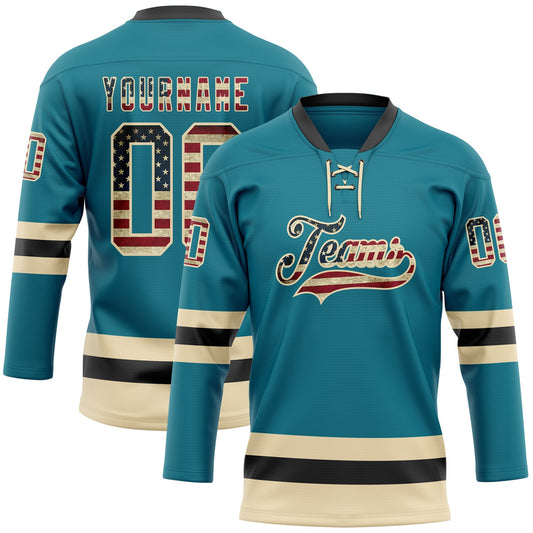 Custom Teal Vintage USA Flag Cream-Black Hockey Lace Neck Jersey - Main View
