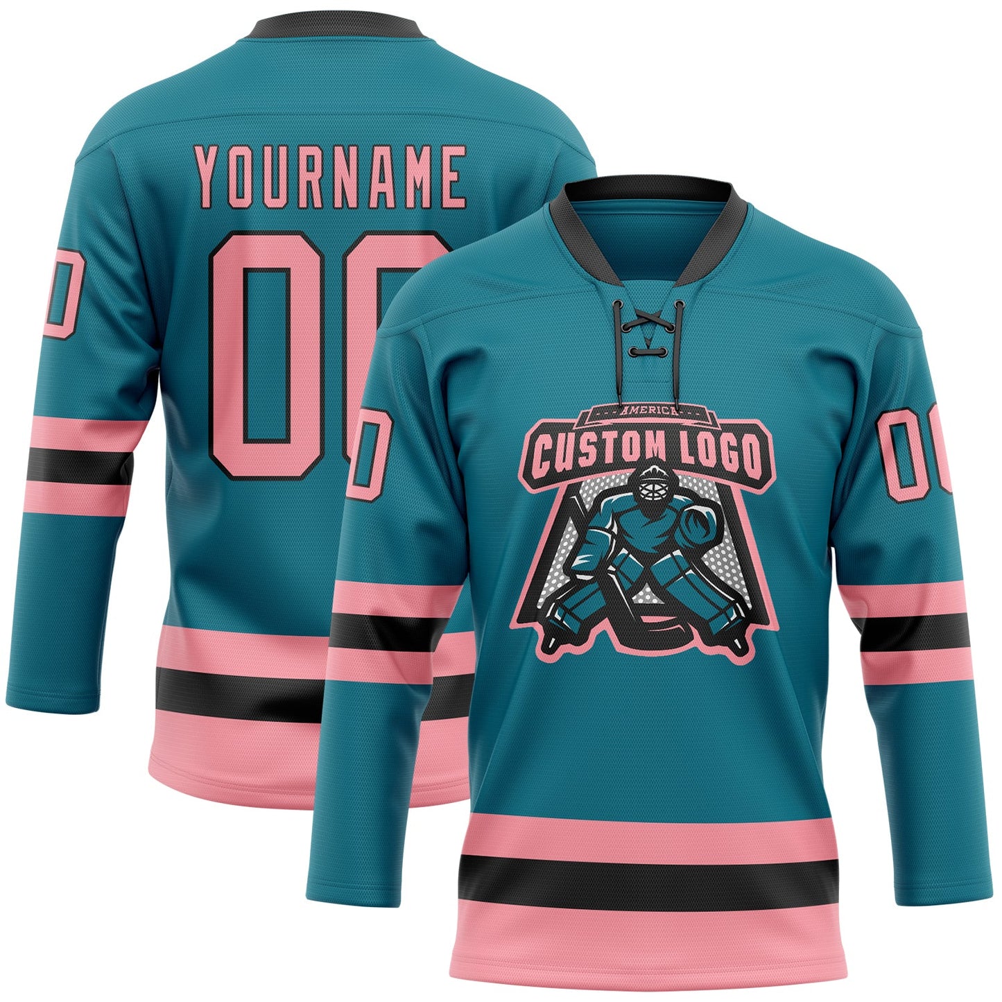Custom Teal Medium Pink-Black Hockey Lace Neck Jersey view 2