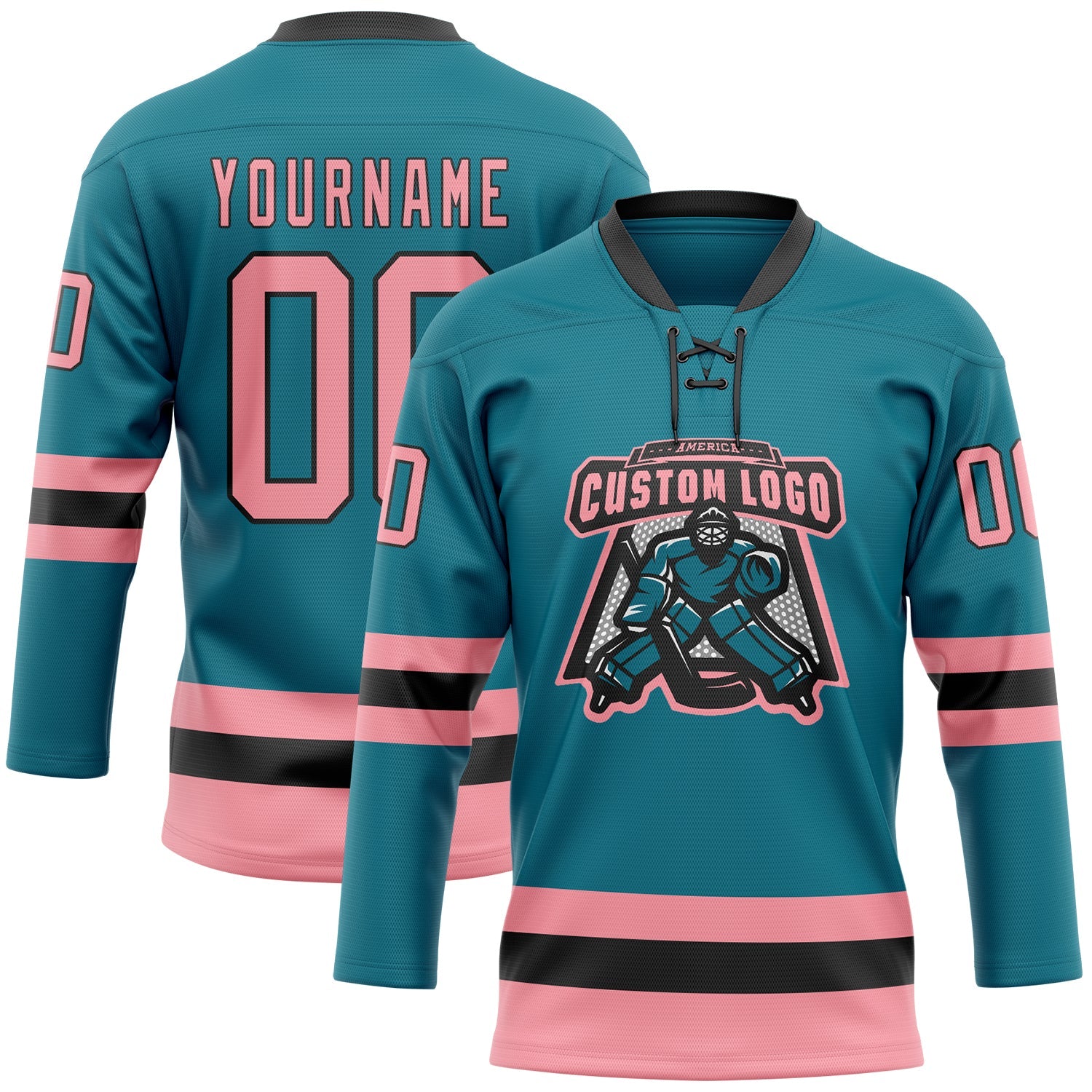 Custom Teal Medium Pink-Black Hockey Lace Neck Jersey view 2