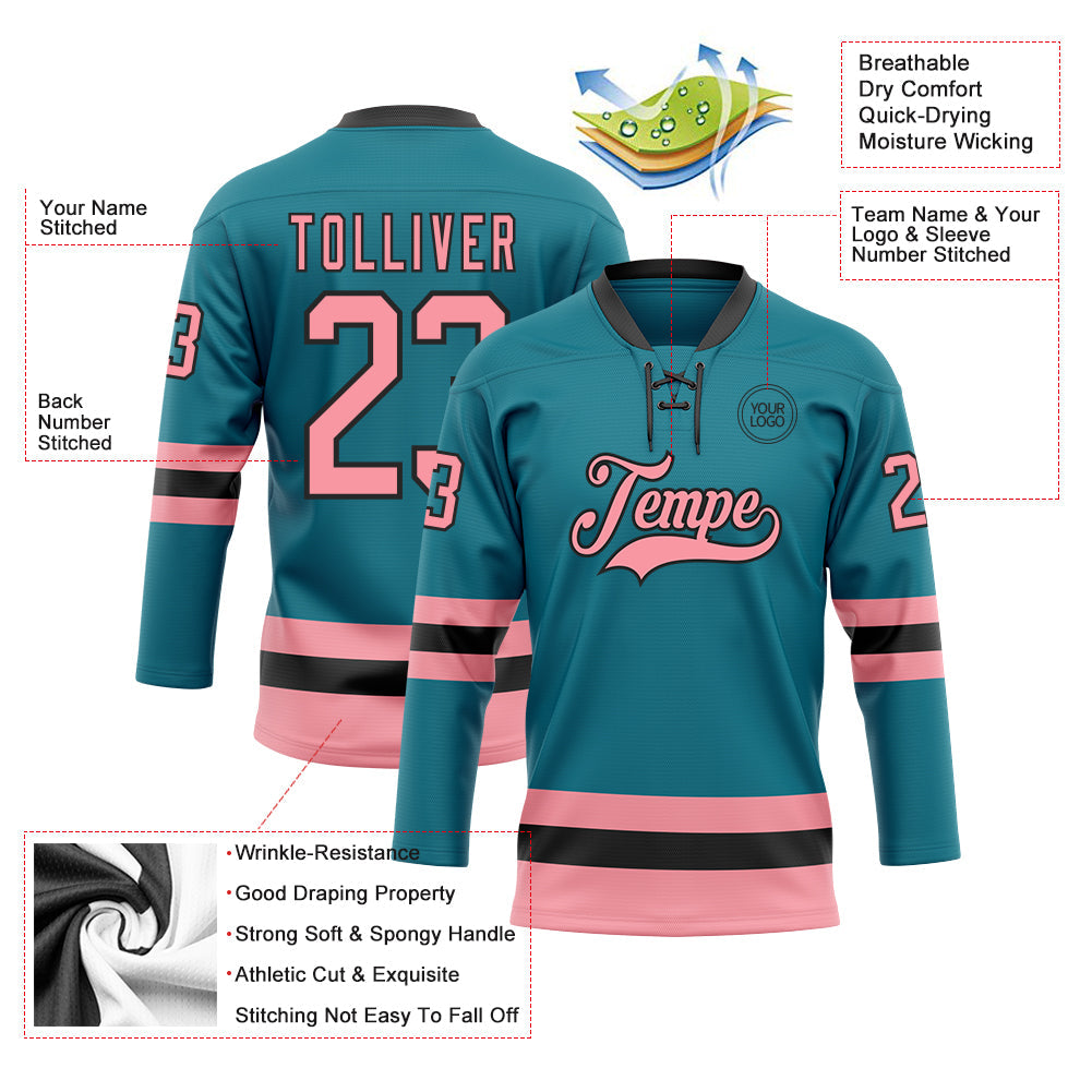 Custom Teal Medium Pink-Black Hockey Lace Neck Jersey view 3