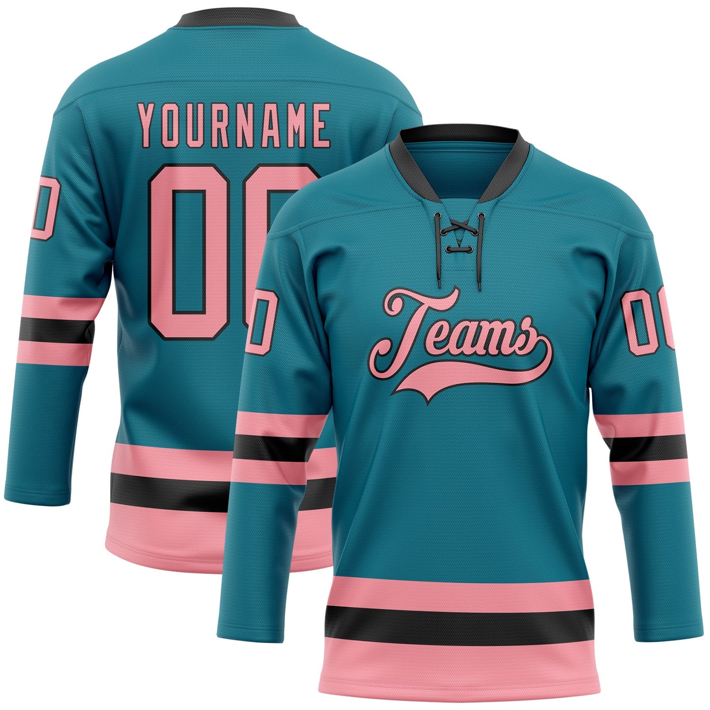 Custom Teal Medium Pink-Black Hockey Lace Neck Jersey - Main View