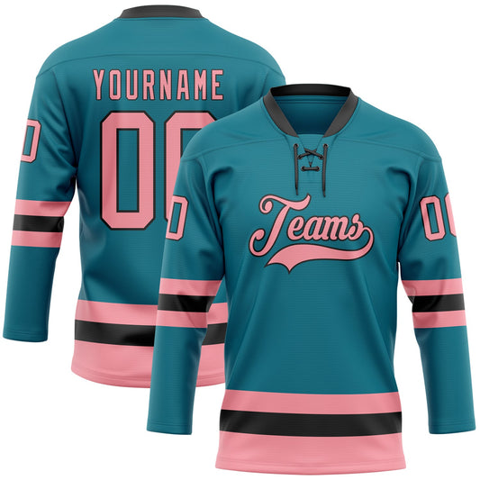 Custom Teal Medium Pink-Black Hockey Lace Neck Jersey - Main View