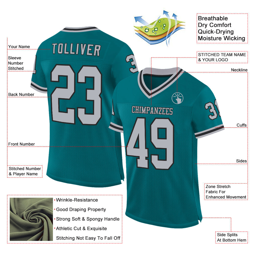 Custom Teal Gray-Black Mesh Authentic Throwback Football Jersey view 2