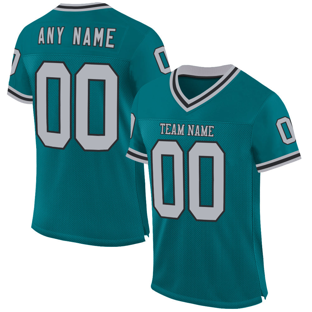 Custom Teal Gray-Black Mesh Authentic Throwback Football Jersey - Main View