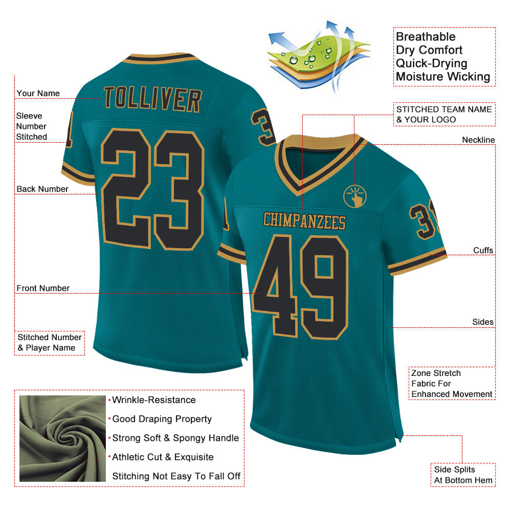 Custom Teal Black-Old Gold Mesh Authentic Throwback Football Jersey view 2