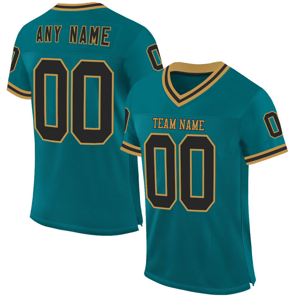 Custom Teal Black-Old Gold Mesh Authentic Throwback Football Jersey - Main View