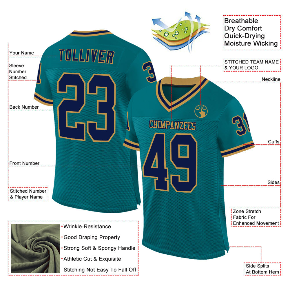 Custom Teal Navy-Old Gold Mesh Authentic Throwback Football Jersey view 2