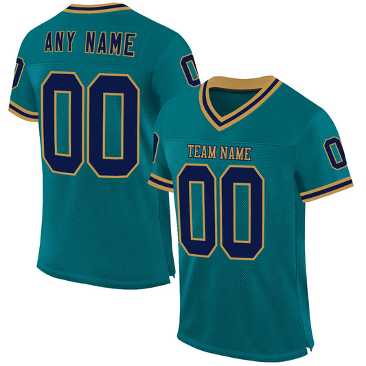 Custom Teal Navy-Old Gold Mesh Authentic Throwback Football Jersey - Main View