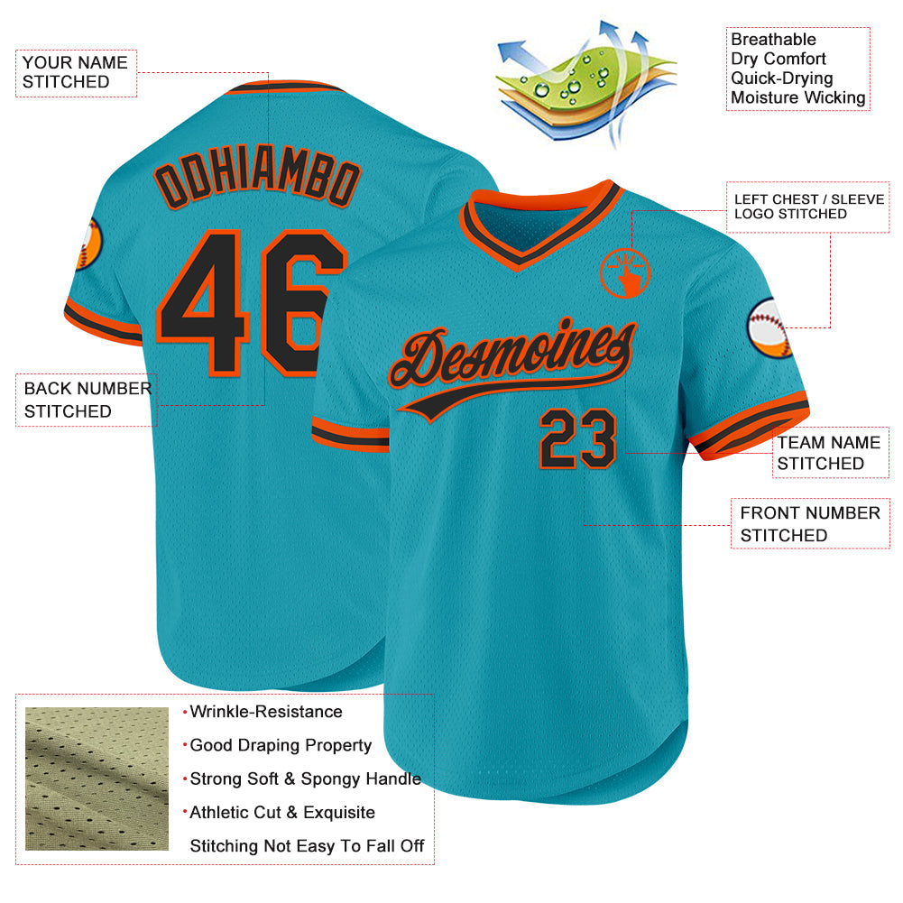 Custom Teal Black-Orange Authentic Throwback Baseball Jersey view 3