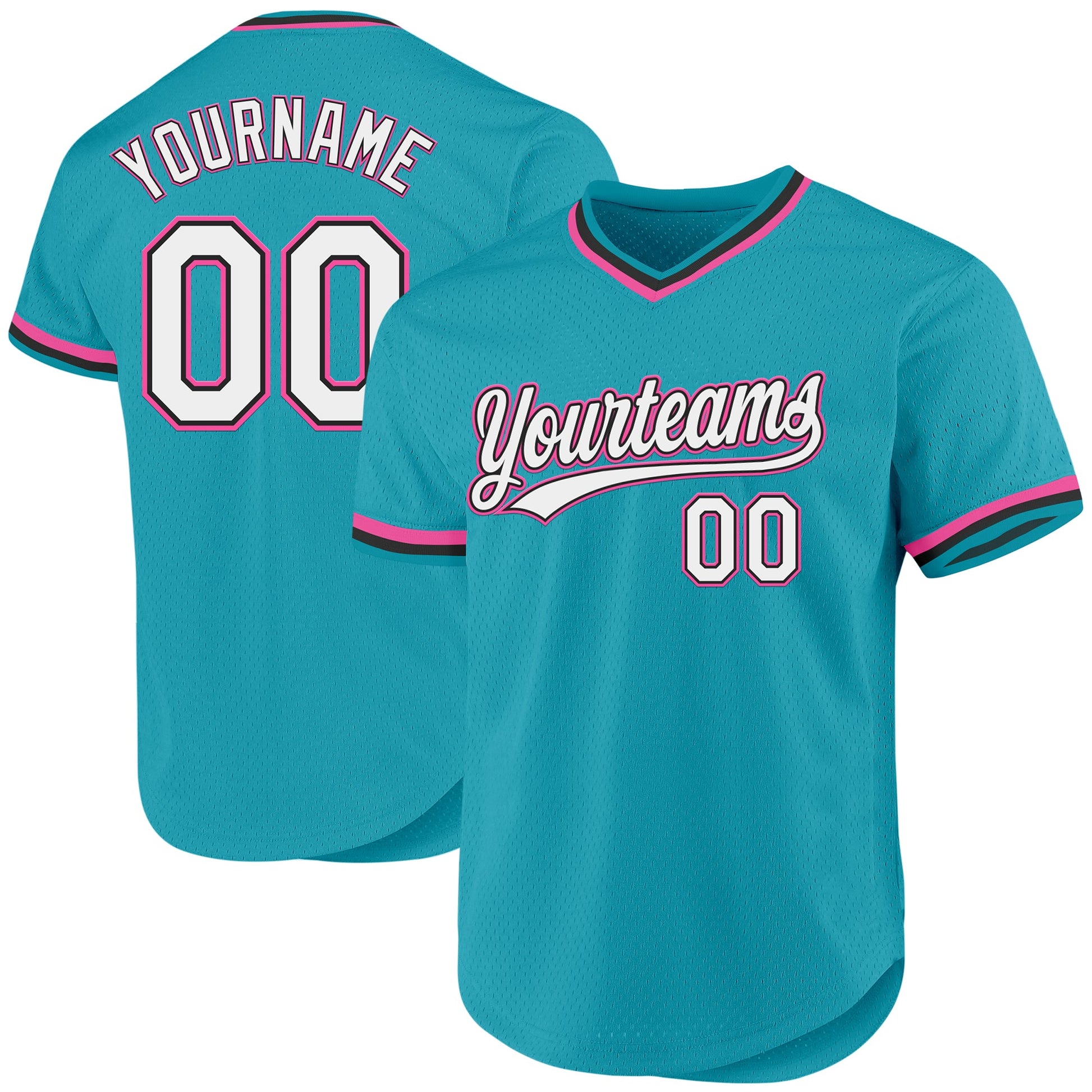 Custom Teal Black-Pink Authentic Throwback Baseball Jersey - Main View