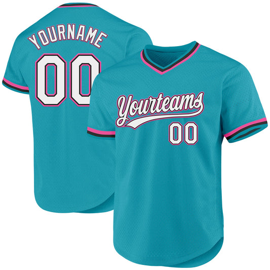 Custom Teal Black-Pink Authentic Throwback Baseball Jersey - Main View