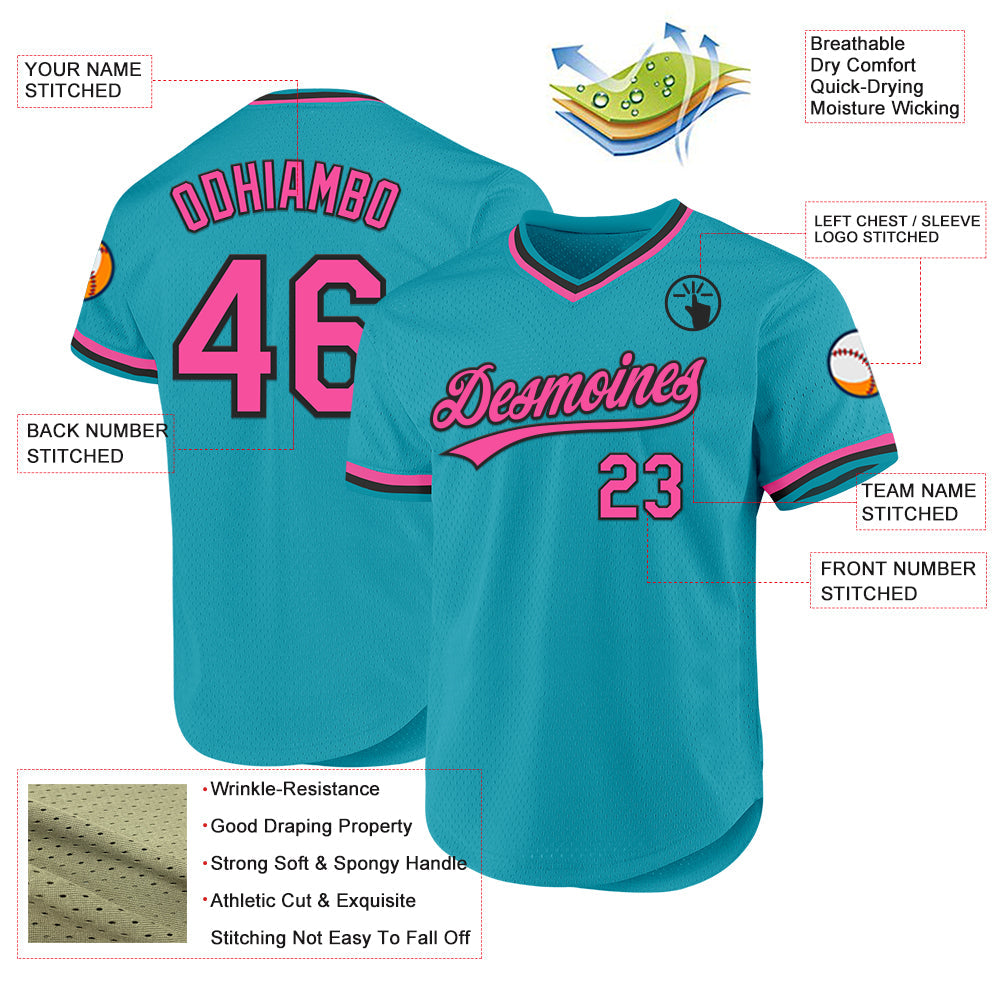 Custom Teal Pink-Black Authentic Throwback Baseball Jersey view 3