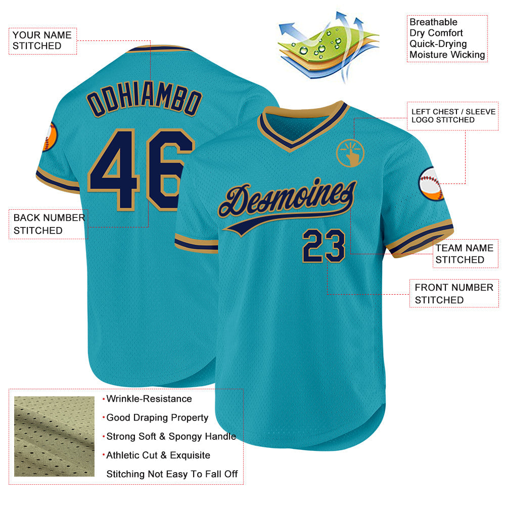 Custom Teal Navy-Old Gold Authentic Throwback Baseball Jersey view 3