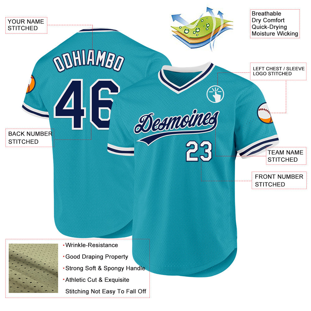 Custom Teal Navy-White Authentic Throwback Baseball Jersey view 3