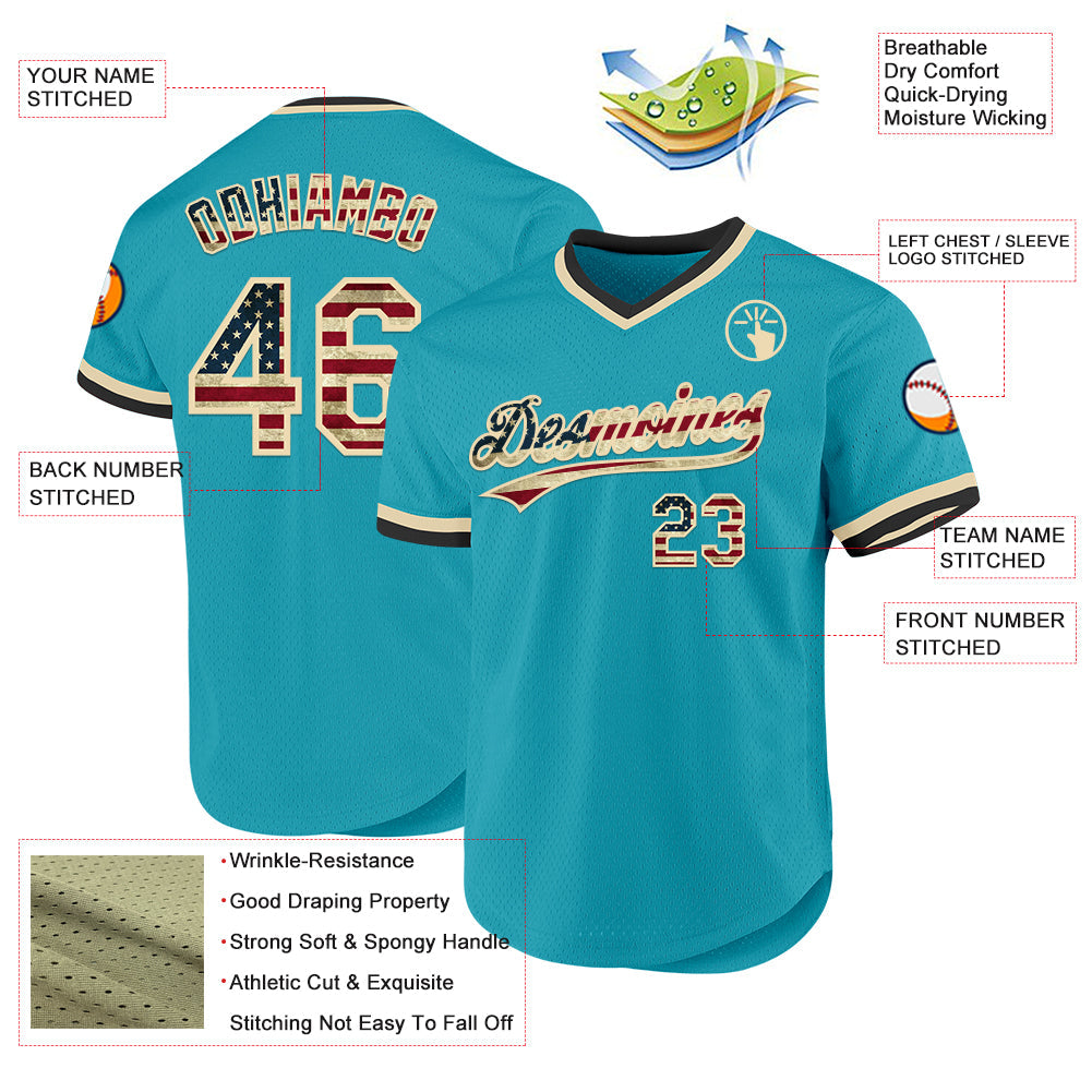 Custom Teal Vintage USA Flag Cream-Black Authentic Throwback Baseball Jersey view 3