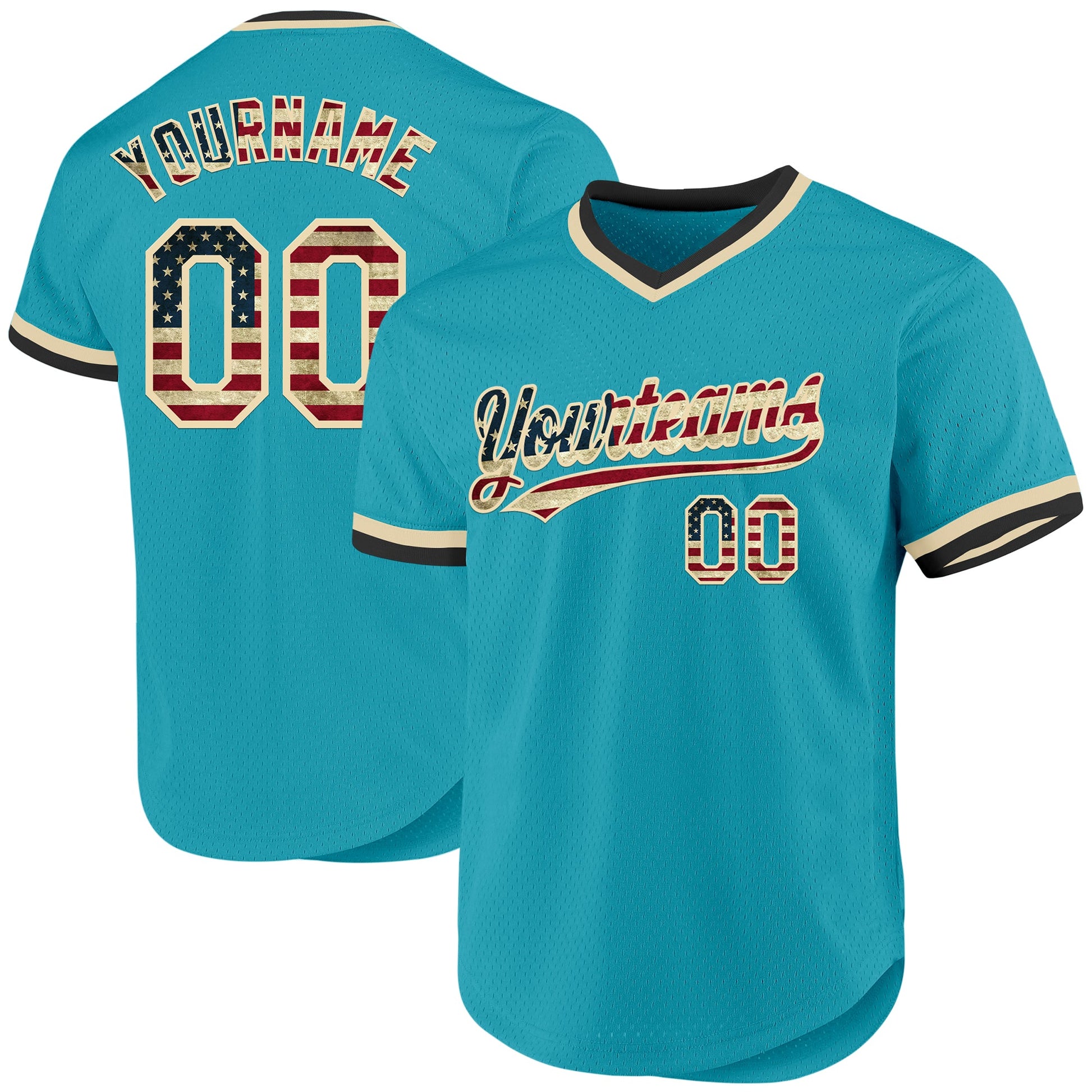 Custom Teal Vintage USA Flag Cream-Black Authentic Throwback Baseball Jersey - Main View