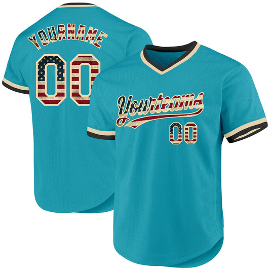 Custom Teal Vintage USA Flag Cream-Black Authentic Throwback Baseball Jersey - Main View