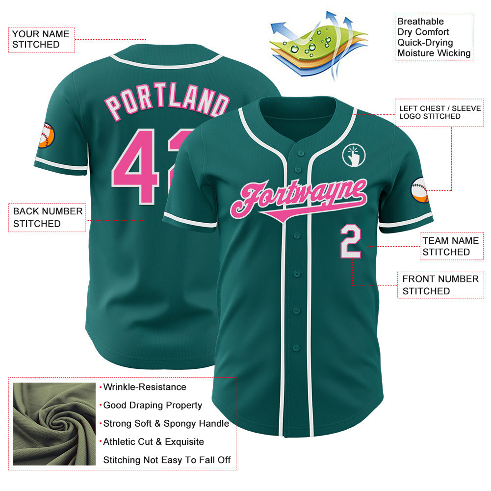 Custom Teal Pink-White Authentic Baseball Jersey view 3