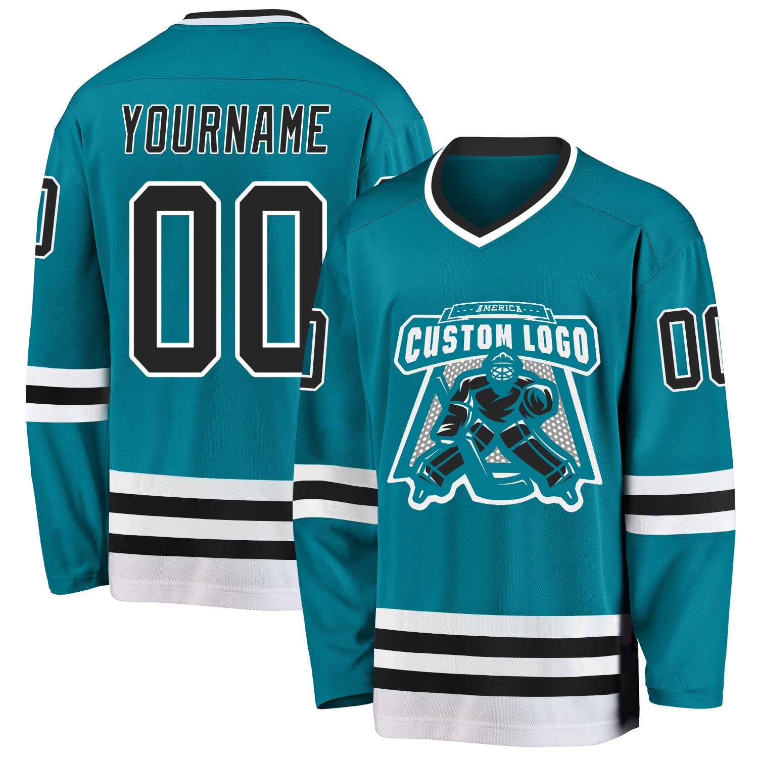 Custom Teal Black-White Hockey Jersey view 2
