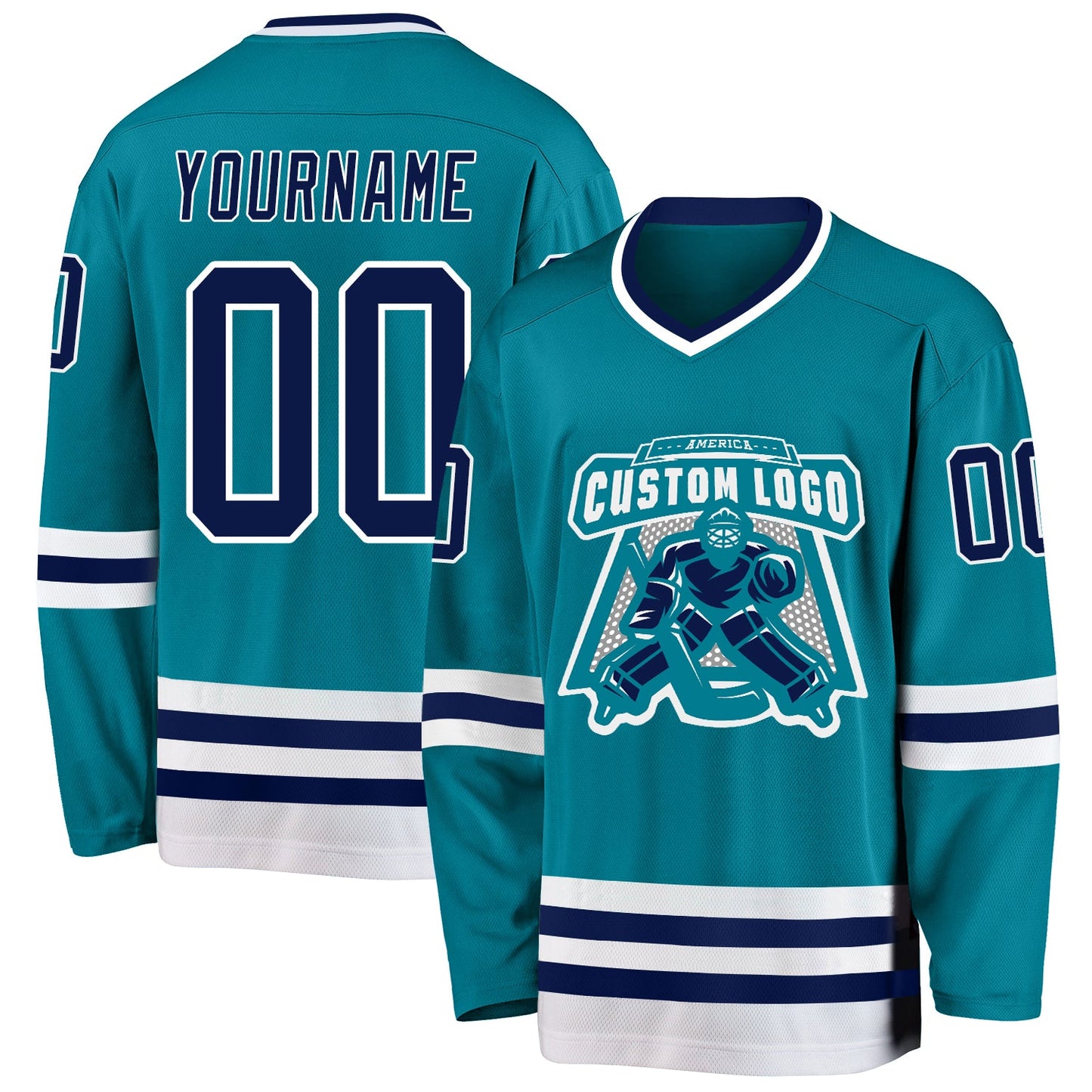 Custom Teal Navy-White Hockey Jersey view 2