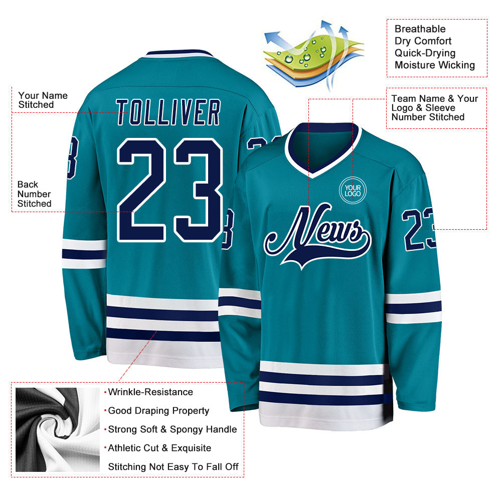 Custom Teal Navy-White Hockey Jersey view 3