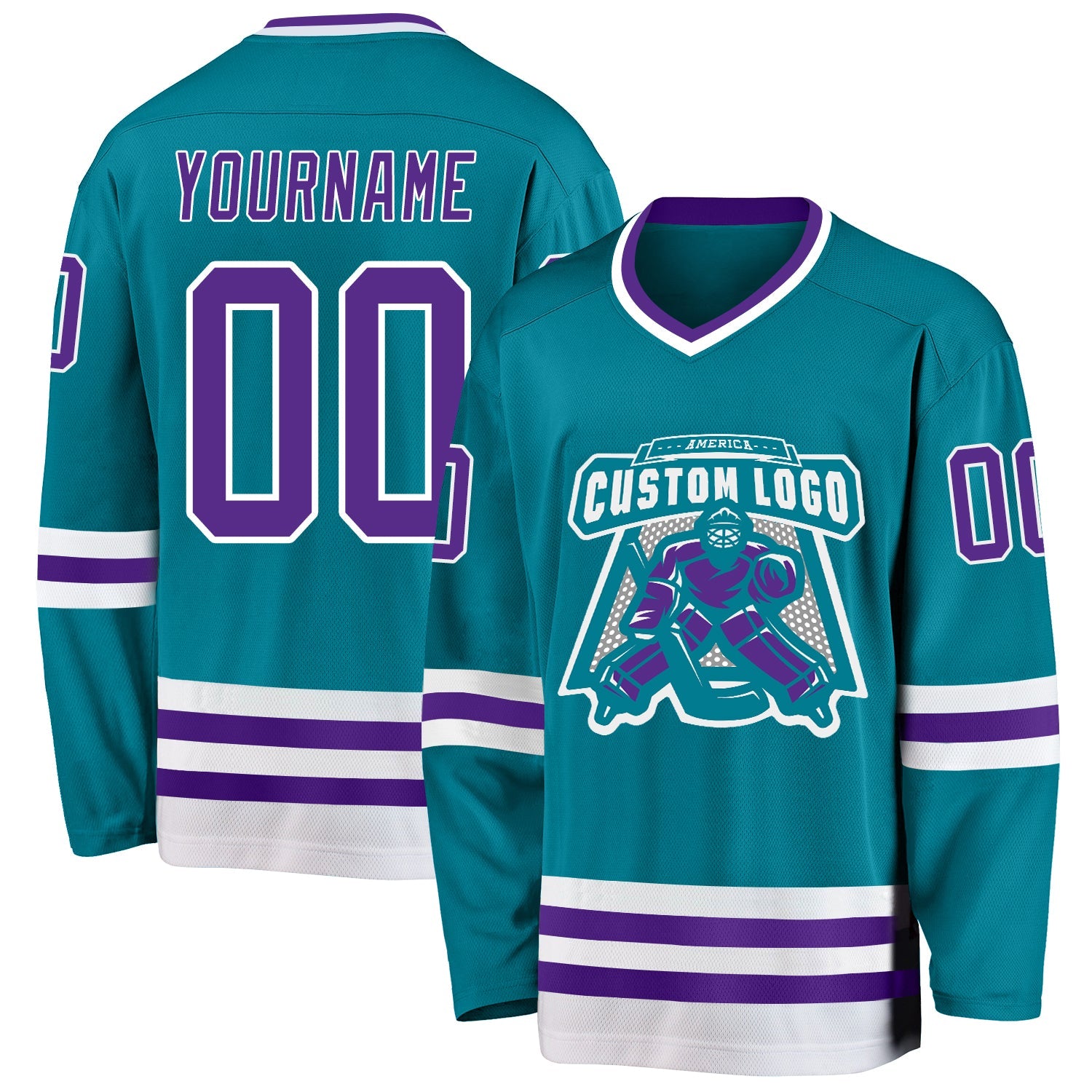 Custom Teal Purple-White Hockey Jersey view 2