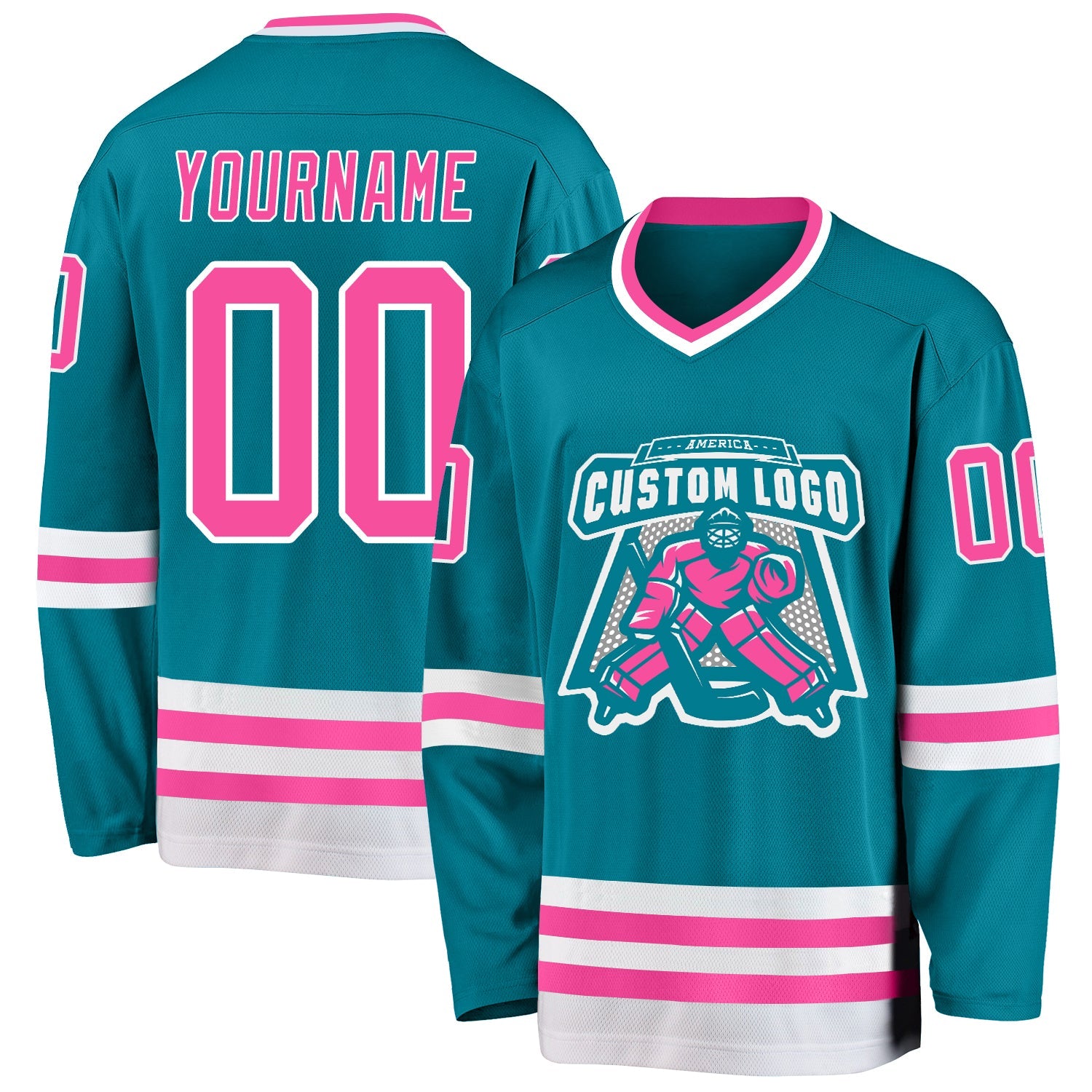 Custom Teal Pink-White Hockey Jersey view 2
