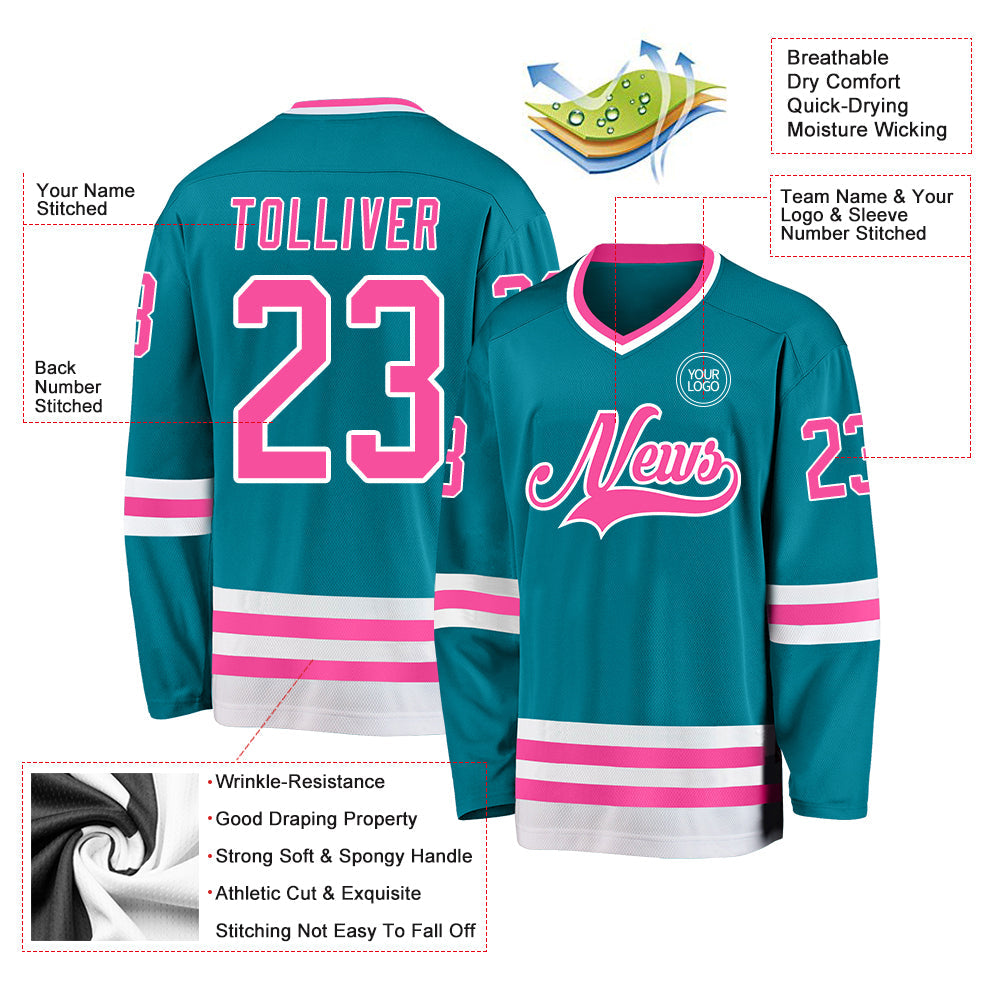 Custom Teal Pink-White Hockey Jersey view 3