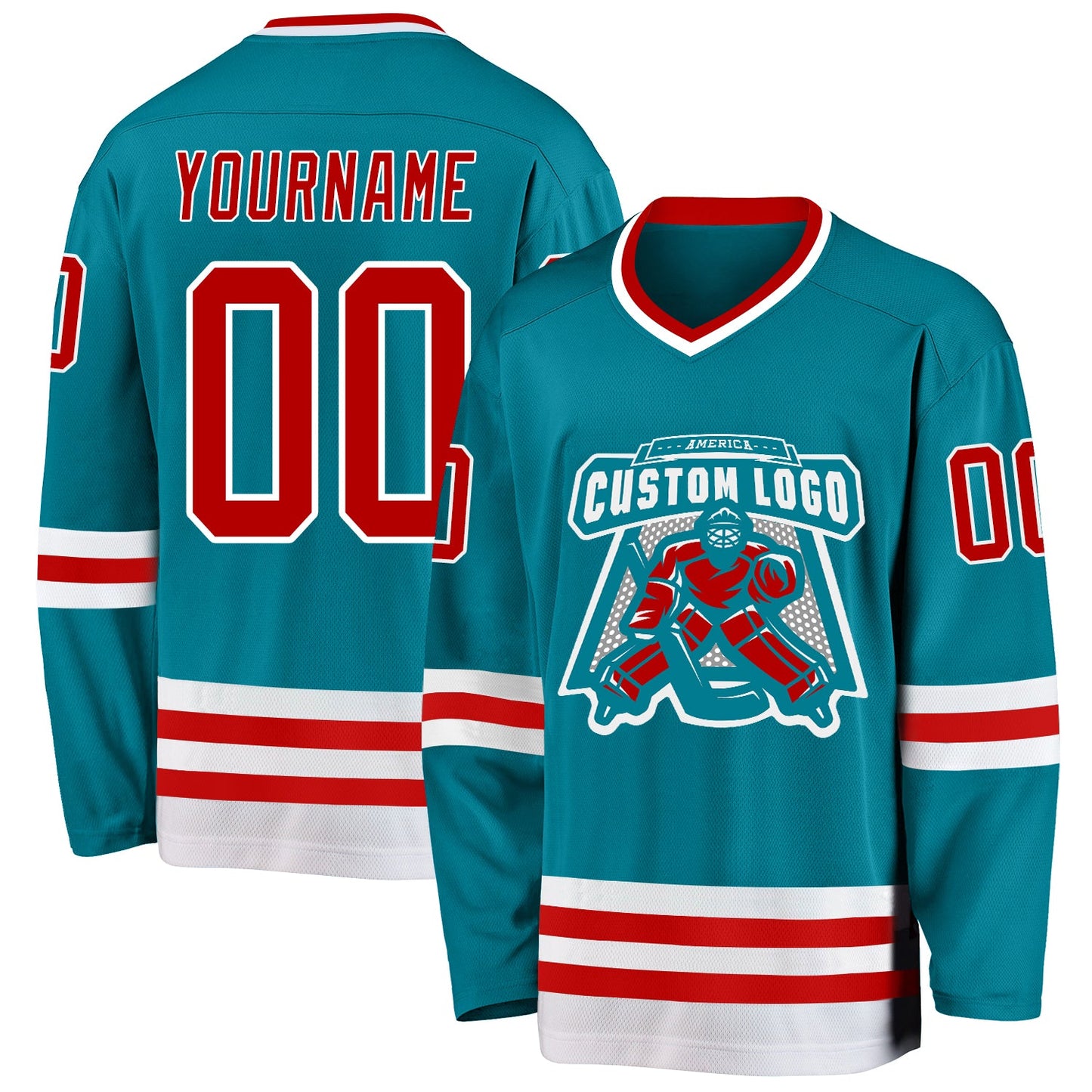 Custom Teal Red-White Hockey Jersey view 2