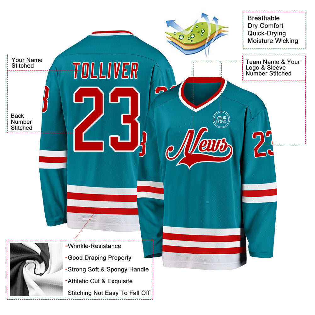 Custom Teal Red-White Hockey Jersey view 3