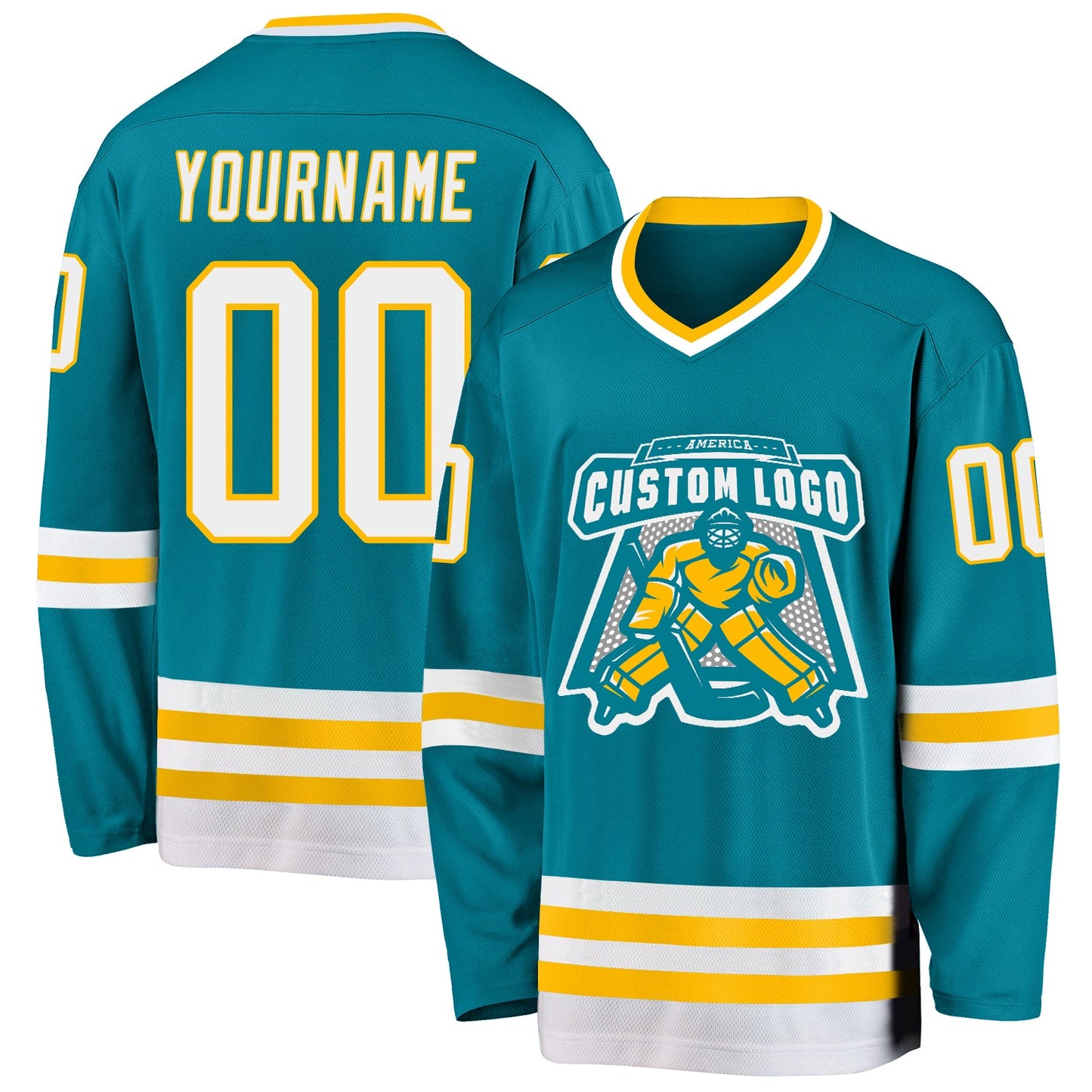 Custom Teal White-Gold Hockey Jersey view 2