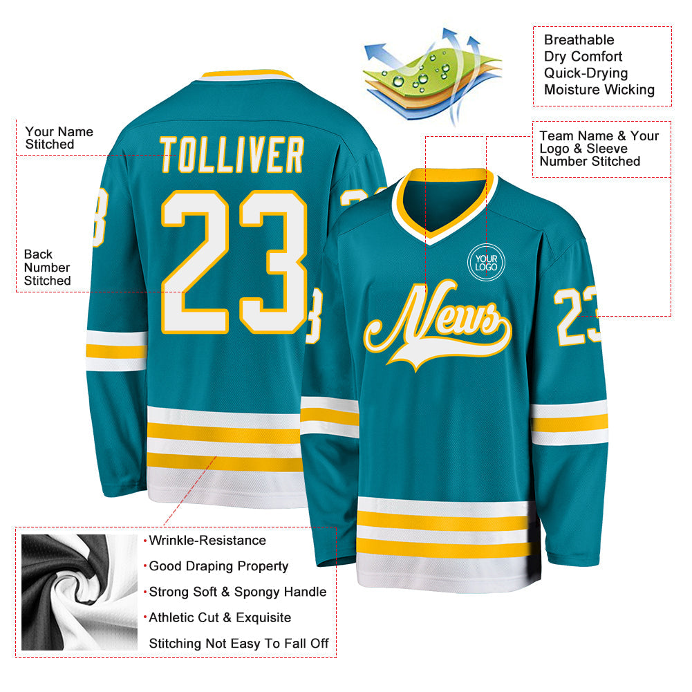 Custom Teal White-Gold Hockey Jersey view 3