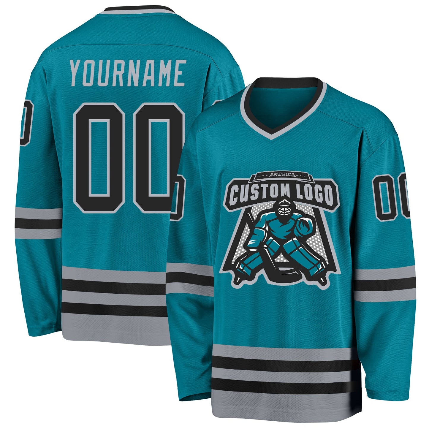 Custom Teal Black-Gray Hockey Jersey view 2